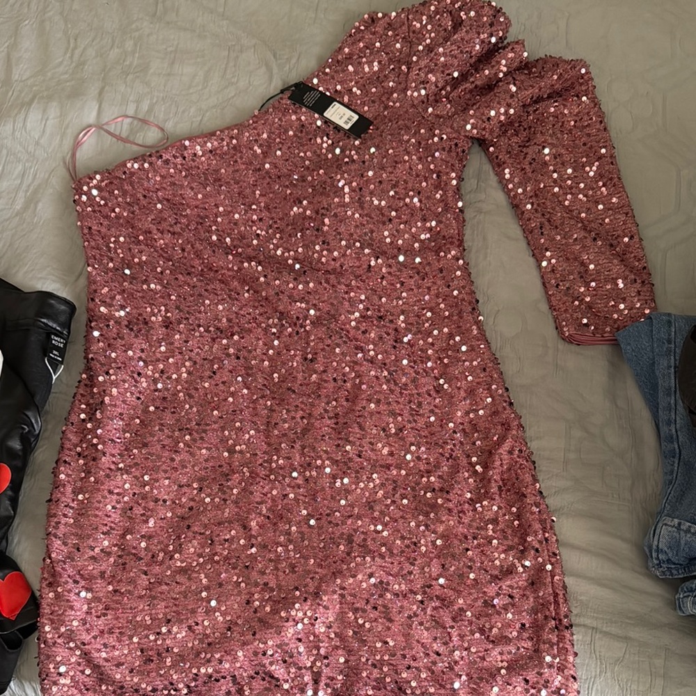 Pink Sequin One-Shoulder Dress